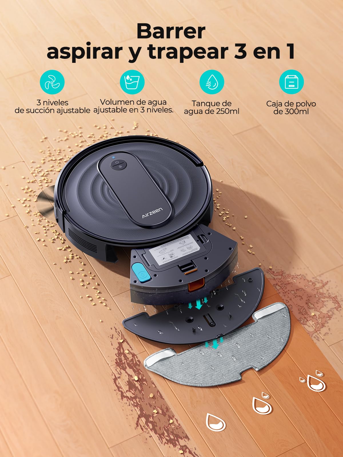 Airzeen Robot Aspirador y Fregasuelos R7, 3000 Pa, 3 en 1 Barrer, Aspirar y Fregar, Auto Carpet Boost, Control por App, Alexa y Mando, Ideal para Mascotas y Suelos Duros