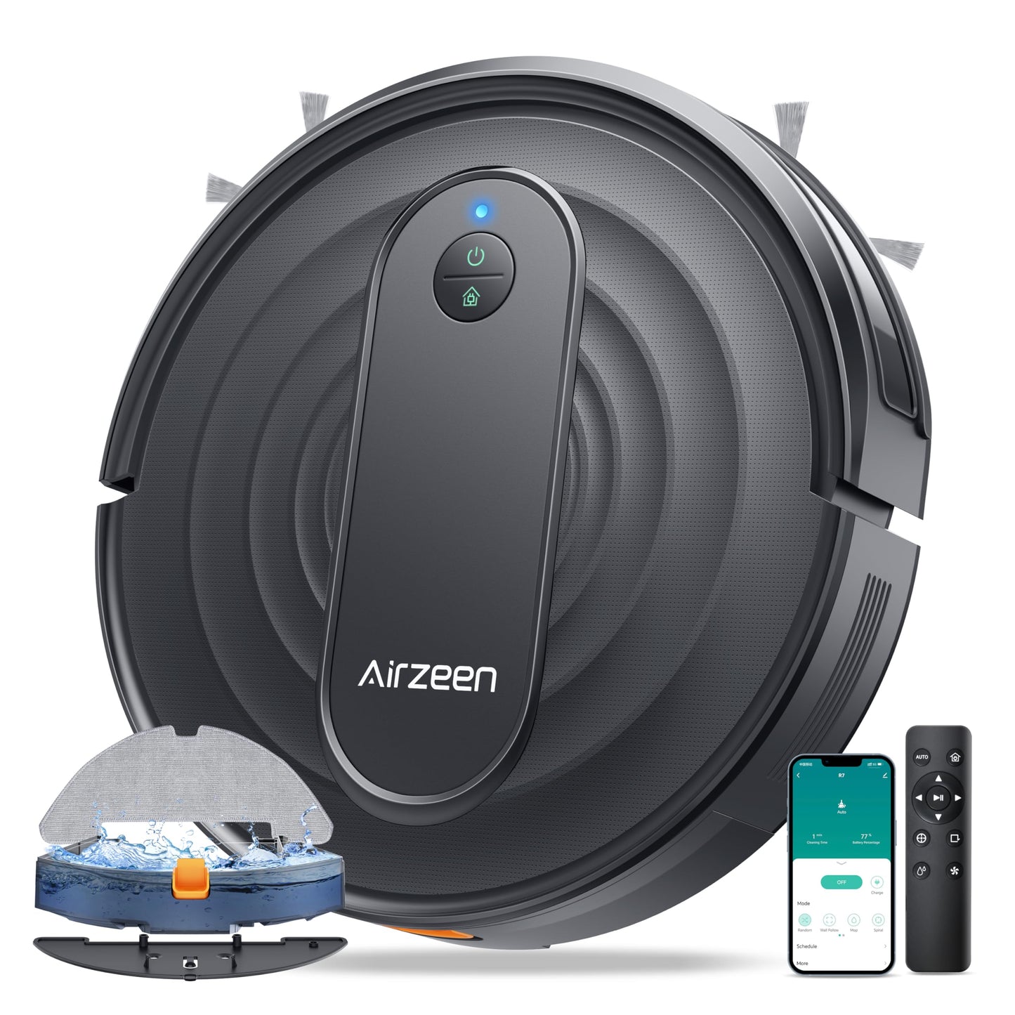 Airzeen Robot Aspirador y Fregasuelos R7, 3000 Pa, 3 en 1 Barrer, Aspirar y Fregar, Auto Carpet Boost, Control por App, Alexa y Mando, Ideal para Mascotas y Suelos Duros