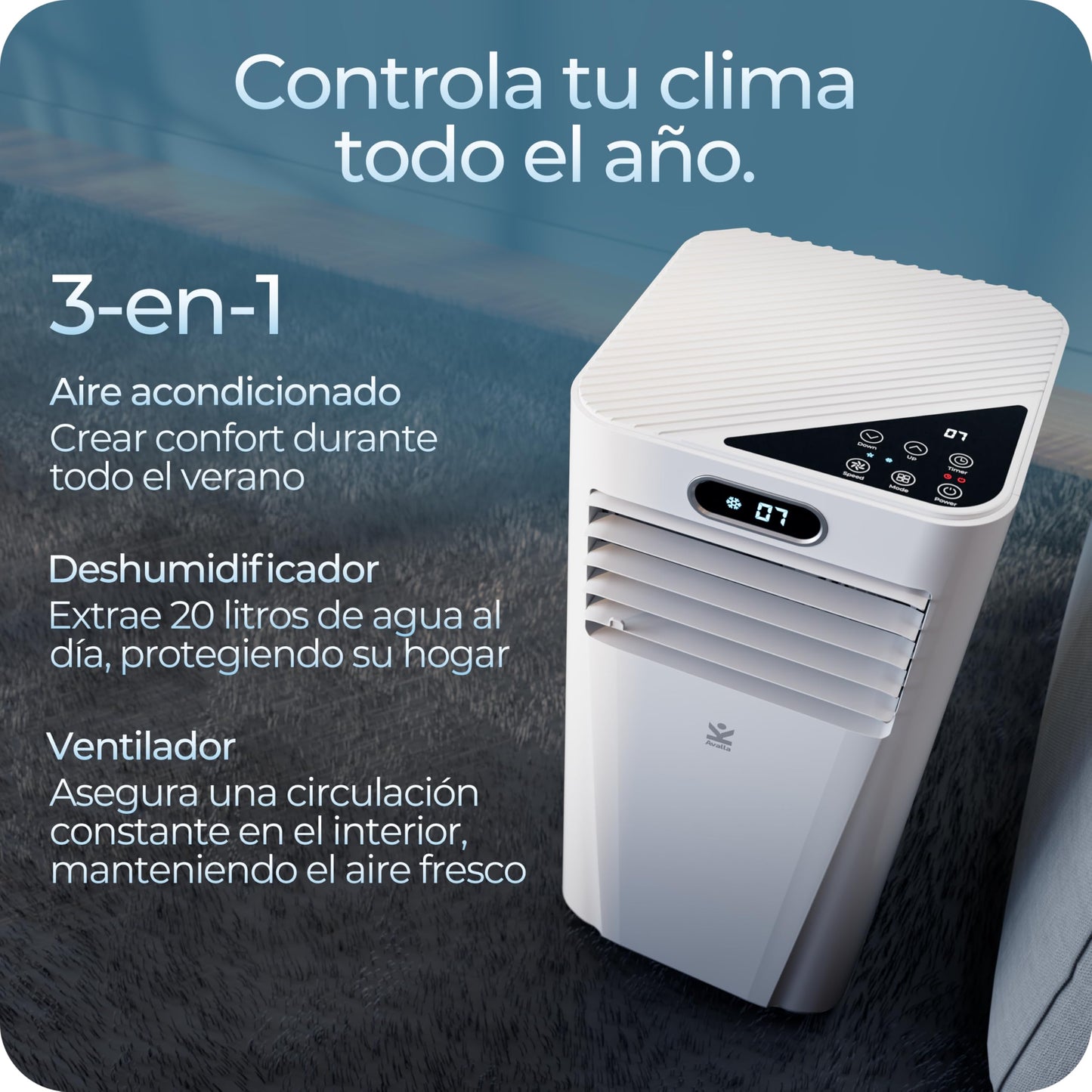 **Avalla S-95 Aire Acondicionado Portátil 3 en 1, 7000 BTU, Deshumidificador 20 L, Ventilador y Refrigeración para Hasta 68 m³, Bajo Consumo, Temporizador 24 h, con Mando y Kit de Ventana**