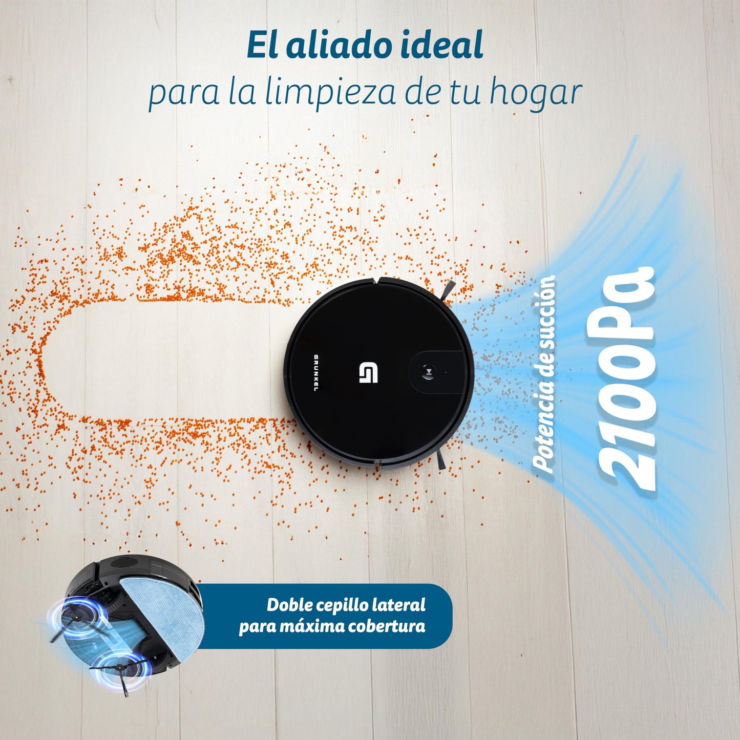 Grunkel Robot Aspirador y Mopa Friegasuelos I-DANCEREASY, Motor Brushless 35 W, Potencia de Succión 21 Kpa, Autonomía 120 min