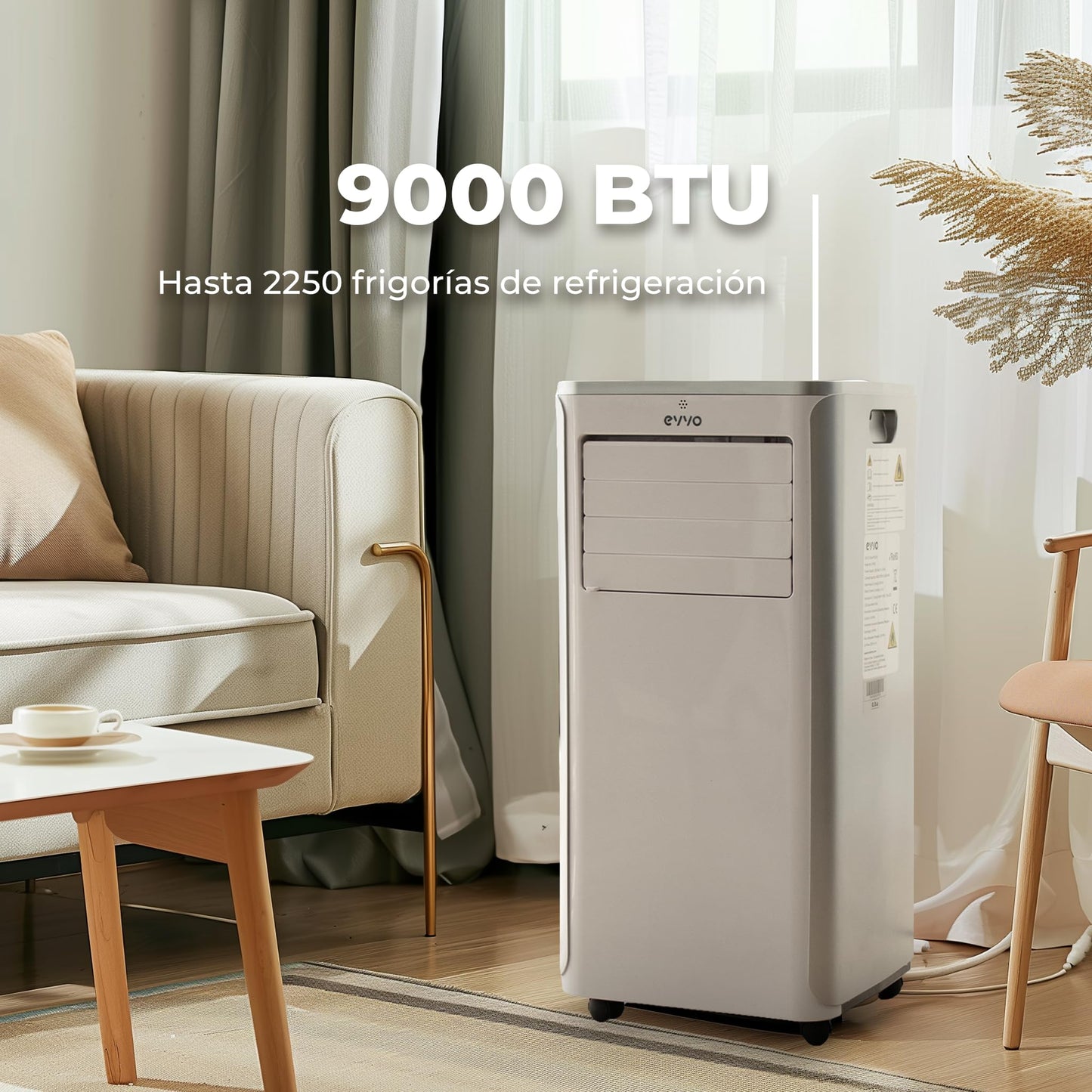**EVVO Aire Acondicionado Portátil 3 en 1 Clima P9, 9000 BTU, Mando a Distancia, Cobertura 20 m², Clase Energética A, Kit de Instalación en Ventana, Color Blanco**