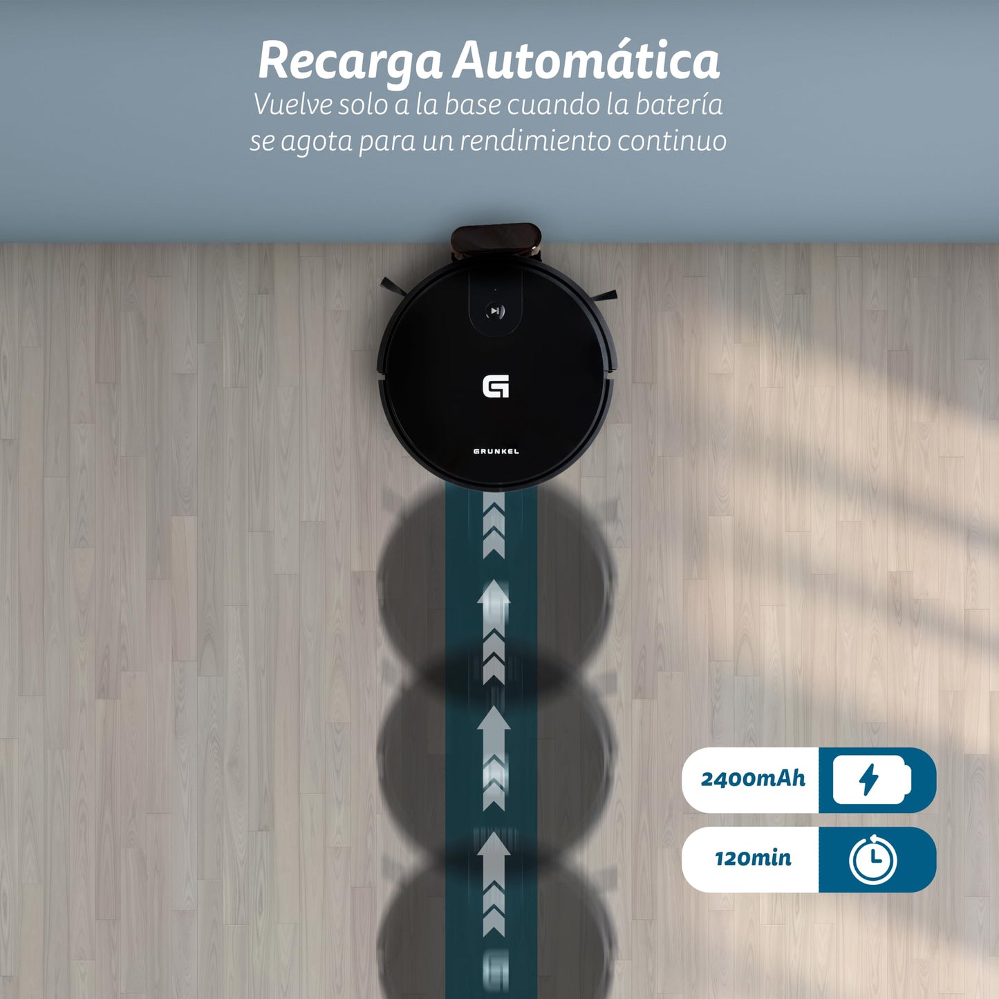 Grunkel Robot Aspirador y Mopa Friegasuelos I-DANCEREASY, Motor Brushless 35 W, Potencia de Succión 21 Kpa, Autonomía 120 min