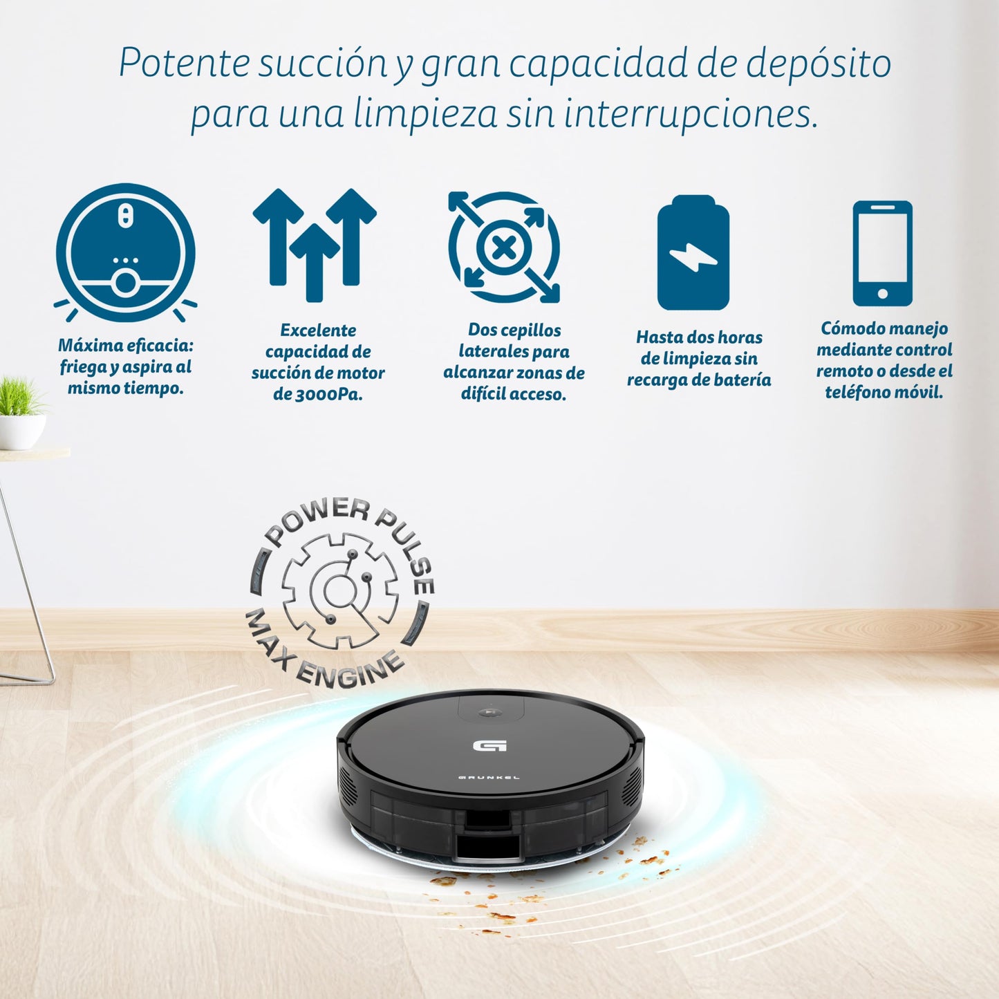 Grunkel Robot Aspirador y Mopa Friegasuelos I-DANCEREASY, Motor Brushless 35 W, Potencia de Succión 21 Kpa, Autonomía 120 min
