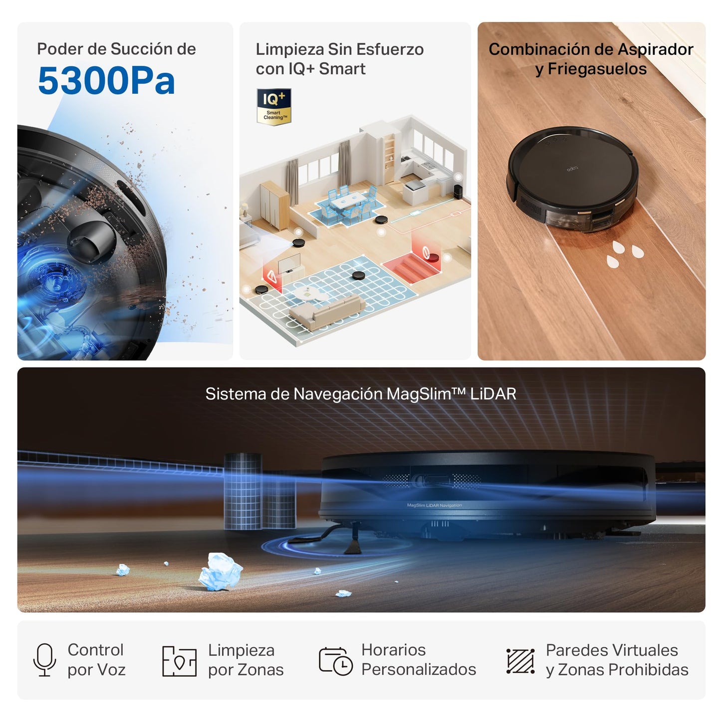 Tapo RV20 MAX Plus Robot Aspirador y Fregasuelos 4 en 1, 5300 Pa, Vaciado Automático 3 L, Navegación LiDAR+IMU, Limpieza Inteligente IQ+, Control por App